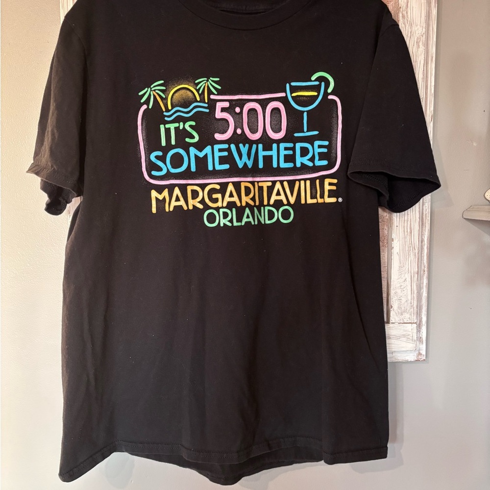 Margaritaville Black Tee with Neon Multi-Color "It's 5:00 Somewhere" Graphic